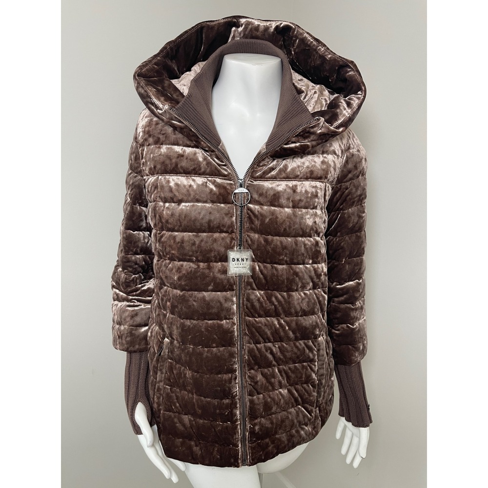 DKNY Womens XS Brown Crushed Velvet Premium Down Puffer Jacket Hooded Coat